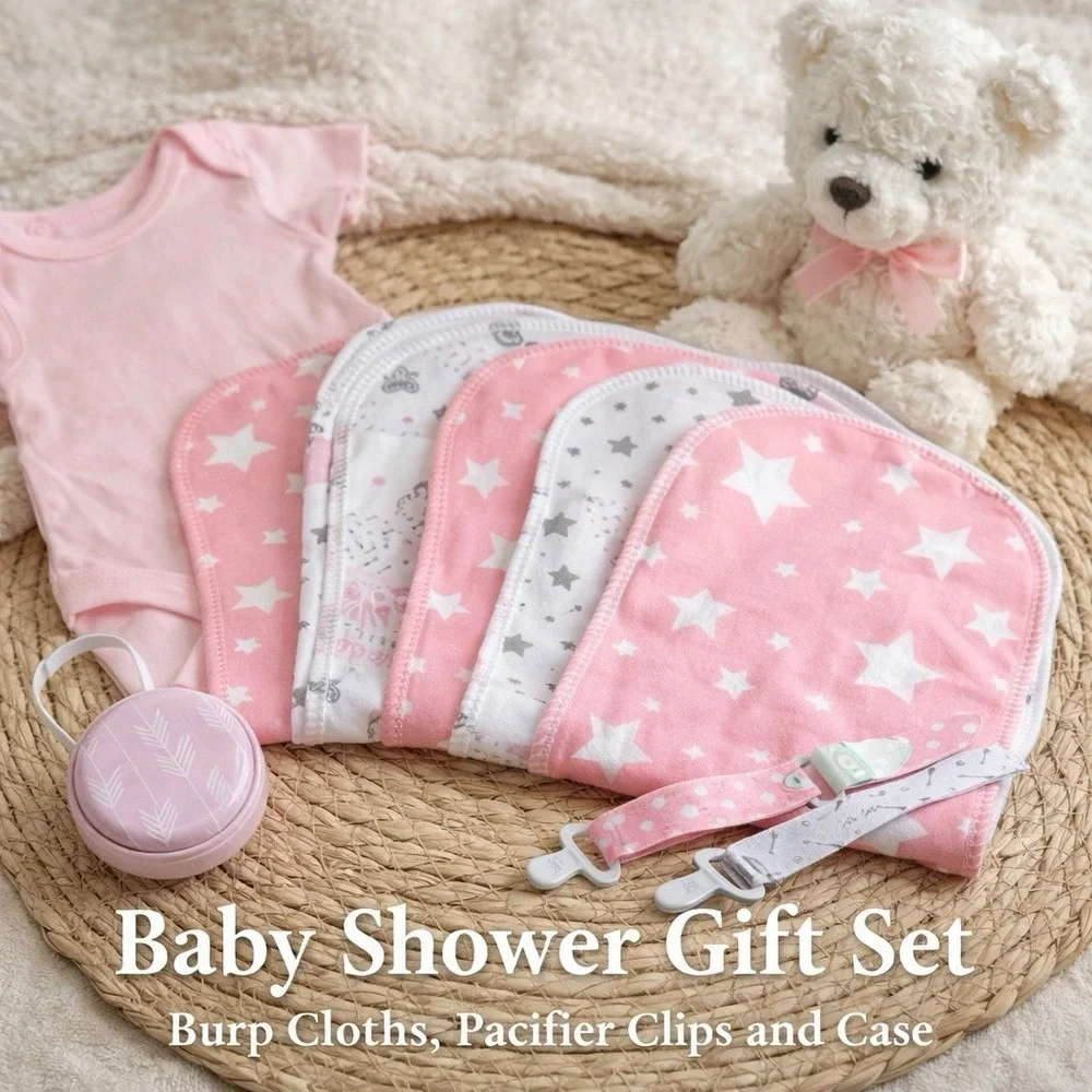Babies 8 Pc Baby Gift Set Burp‎ Cloths Pacifier Clips Holder Pink Stars NEW